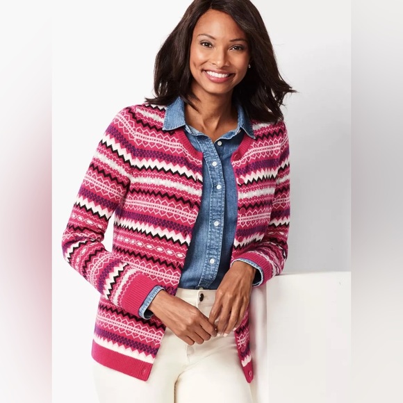 Talbots Pink Fair Isle Nordic Style Lambswool Blend Cardigan Sweater Size Medium - Picture 1 of 14